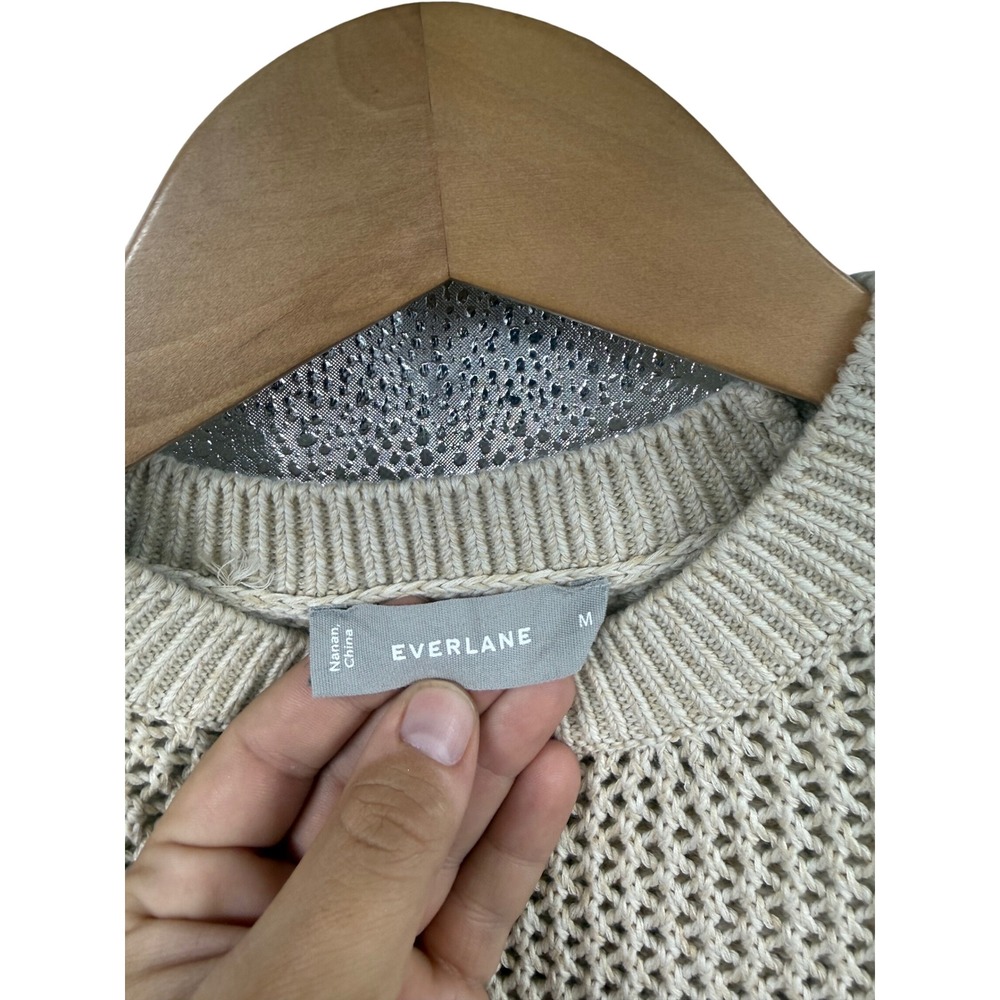 Everlane Womens Cotton Mesh open Knit Crew Neck Sweater Cream Beige Size M - Picture 2 of 6